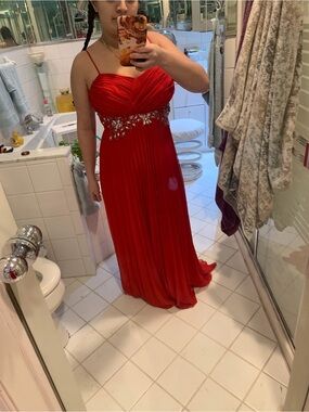 B Darlin Red Beaded Waist Spaghetti Strap Prom Gown